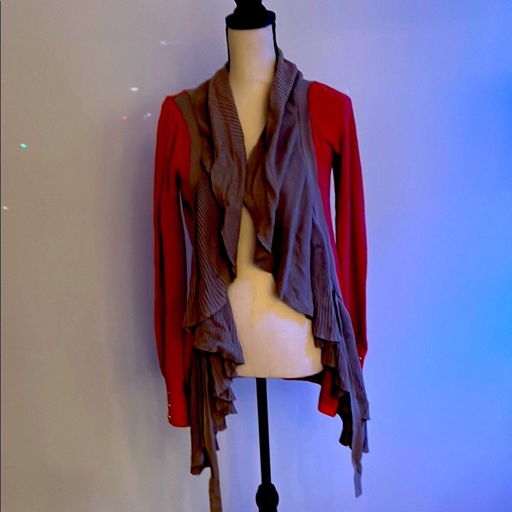 Elegant Gray and Orange Waterfall Cardigan Sweater